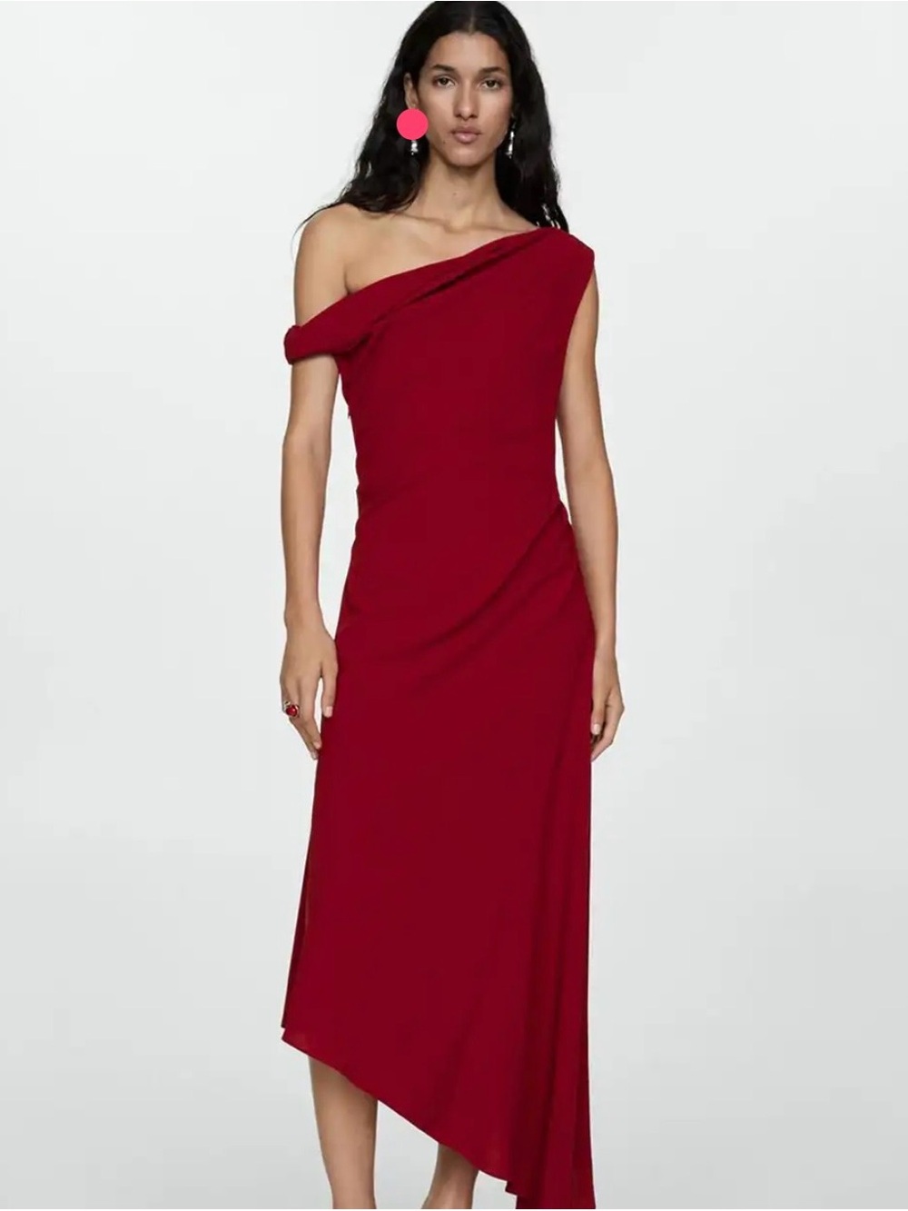 Mango One-Shoulder Burgundy Midi Dress